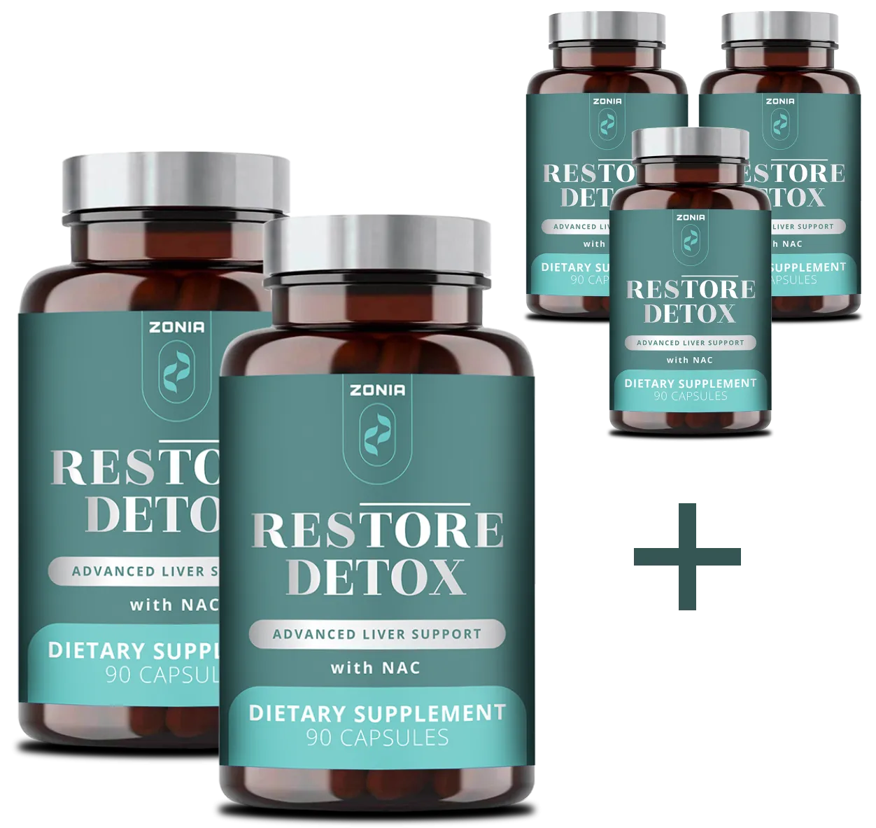 A bundle of six Zonia Restore Detox dietary supplement bottles. Two large amber bottles with teal labels featuring "Advanced Liver Support with NAC" are in the foreground, with four smaller matching bottles behind them.